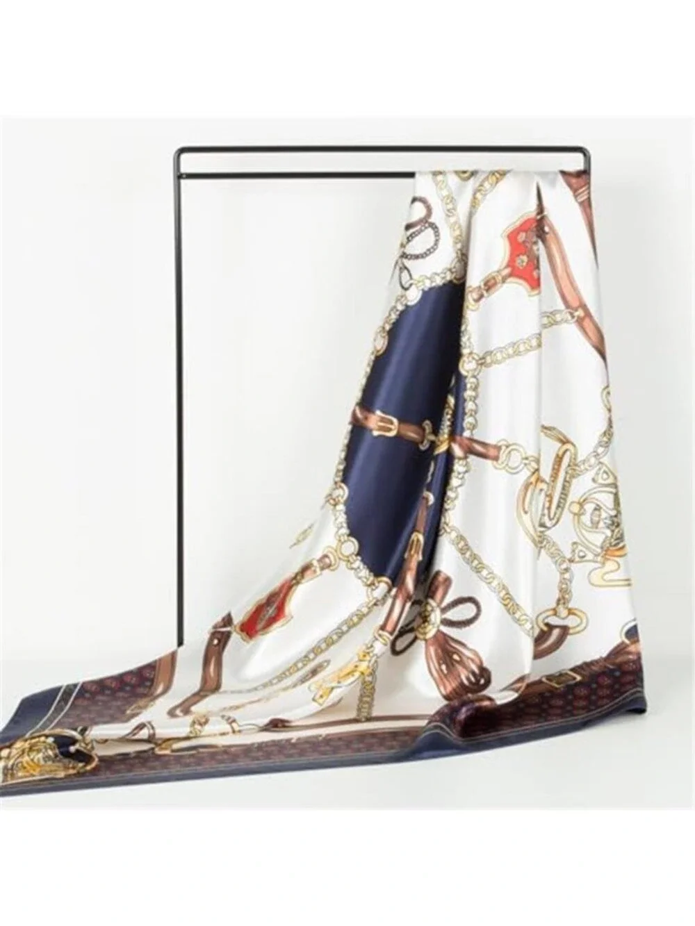 Head Scarf Like Silk Scarf Hair Scarf Printed Square Scarf Chain in Navy & Gold